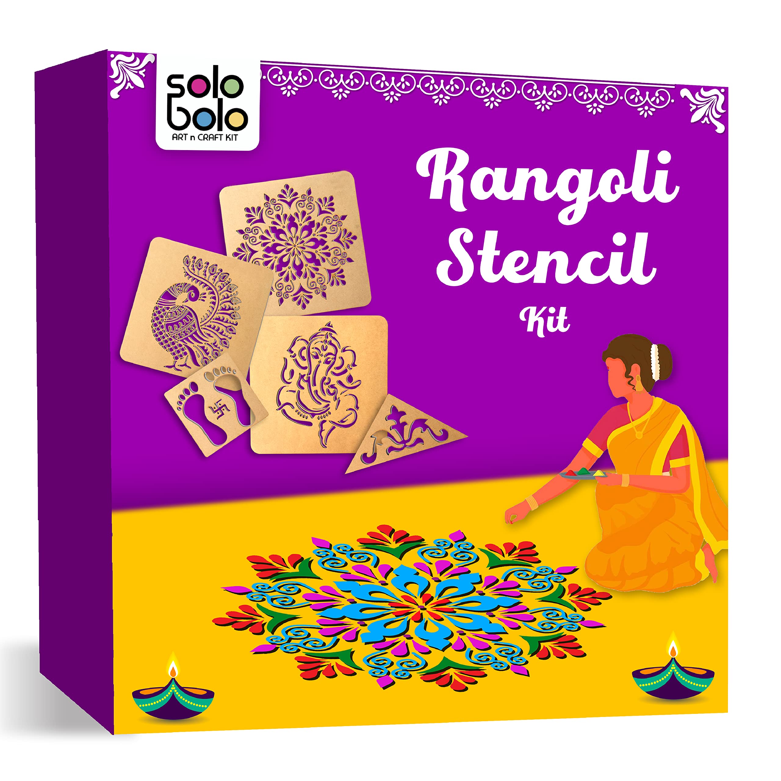 Solobolo Lot de 9 pochoirs Rangoli de grande taille avec 6 couleurs Rangoli | Pochoir Mandala Rangoli | Pochoir Diwali Diya | Pochoir OM Rangoli | Pochoir d'angle et bordure | Lot de 9