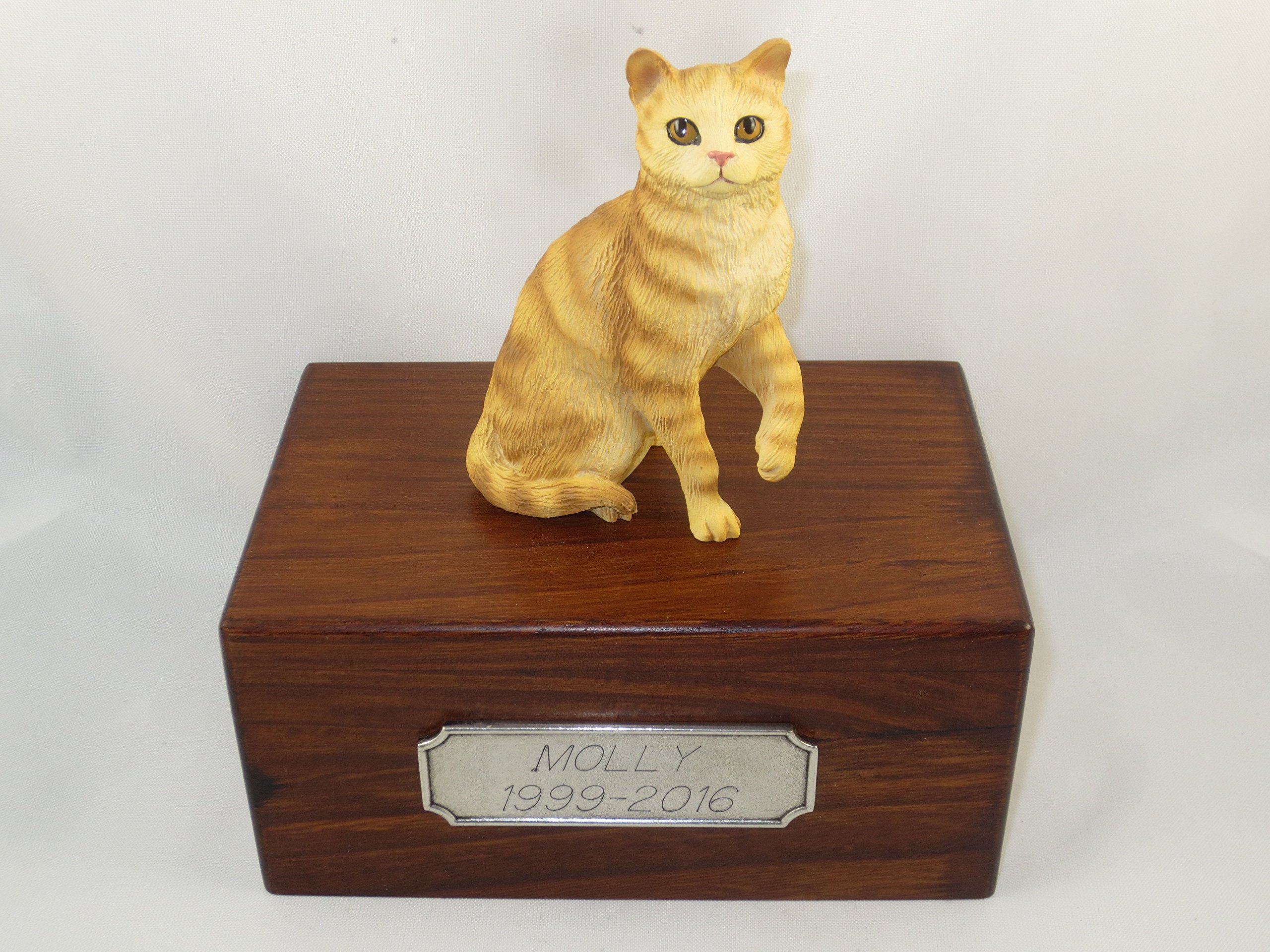 Conversation Concepts Beautiful Paulownia Small Wooden Urn with Shorthair Red Tabby Figurine & Personalized Pewter Engraving