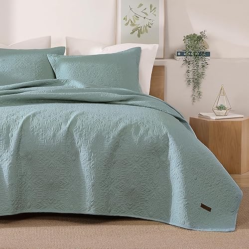 Juego de ropa de cama Queen de 3 piezas, edredón azul aguamarina, colcha ligera de microfibra en relieve tamaño Queen para todas las estaciones (1