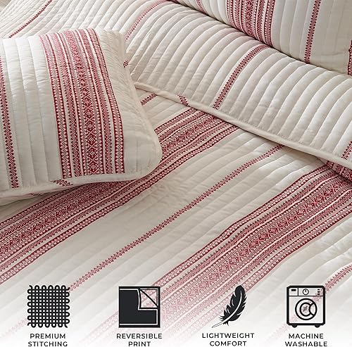 Miniatura 2 de Great Bay Home Juego de ropa de cama reversible King para todas las estaciones, colchas modernas y ligeras - Colchas a rayas rojas (incluye 1