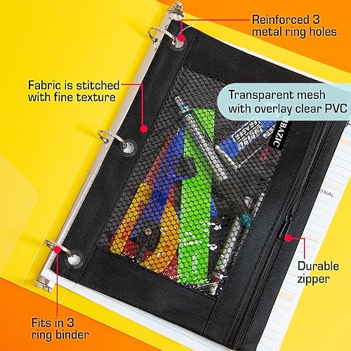 Miniatura 6 de BAZIC - Estuche para lápices de 3 anillos con agujero de anillos reforzados, bolsas de malla negra con cremallera para ventana, 4 unidades