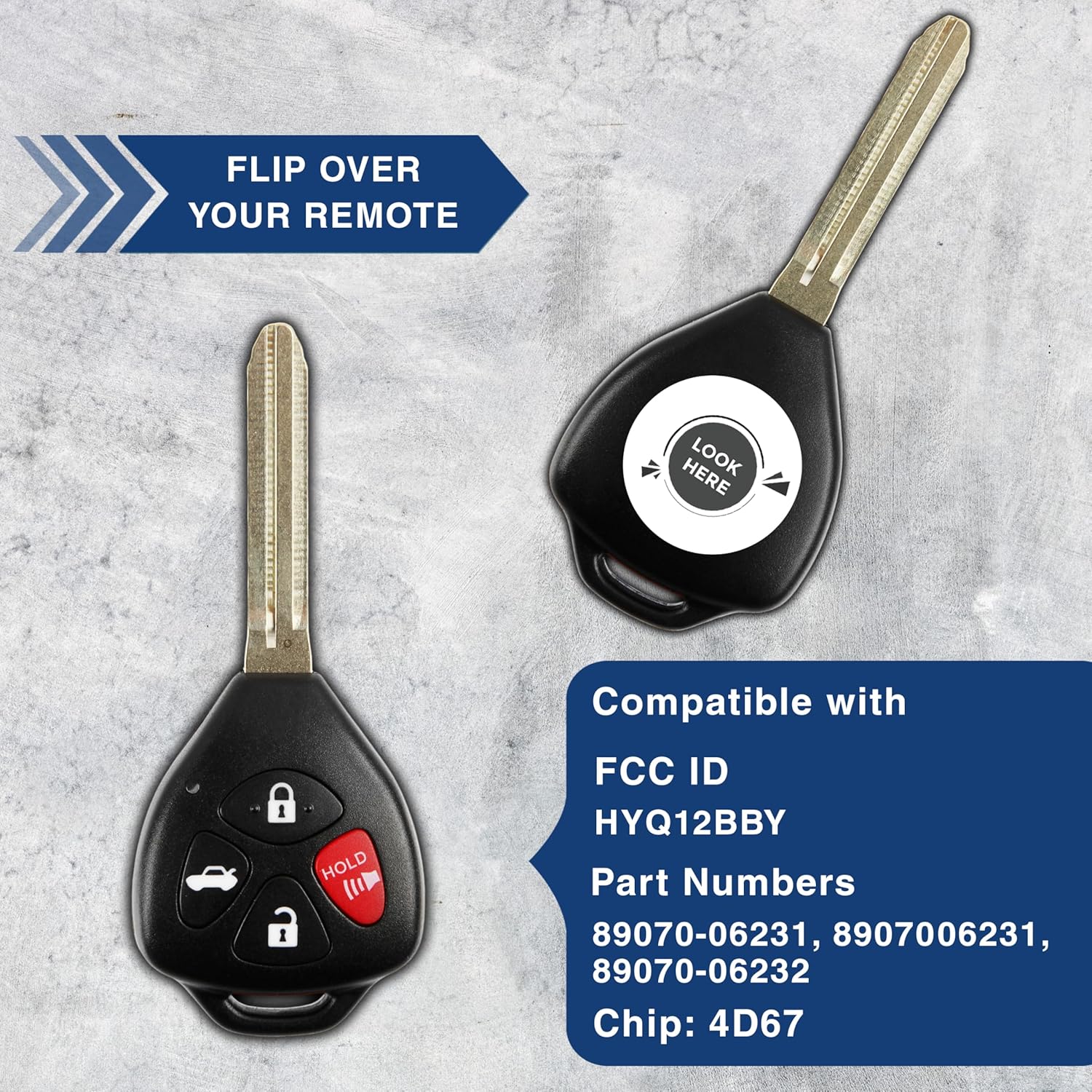 Image showing the back of a key fob with FCC ID and part numbers, and a diagram pointing to the 'look here' area for compatibility check.