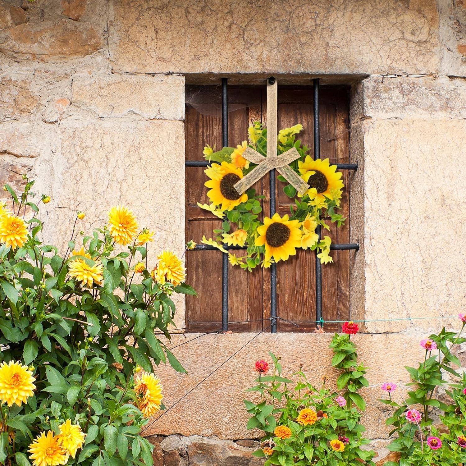 6 Pcs Small Sunflower Wreaths with Ribbon for Cabinet Front Door Mini Artificial Floral Hanging Wreath 3" Spring Summer Fake Yellow Daisies Wreaths Farmhouse Pillar Window Home Wall Party Décor
