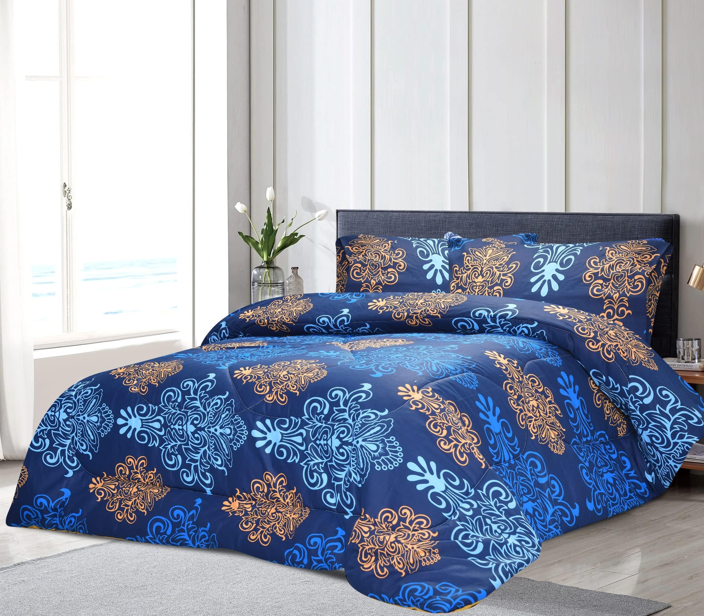 Comforter Set 3pcs- 250 GSM Poly Cotton Warm Thick Comforter King Size 230x220 cm with 2 Pillow Cases 50x75cm- Comfortable, Breathable & Lightweight Bed Comforter Coverless Duvet king size comforter