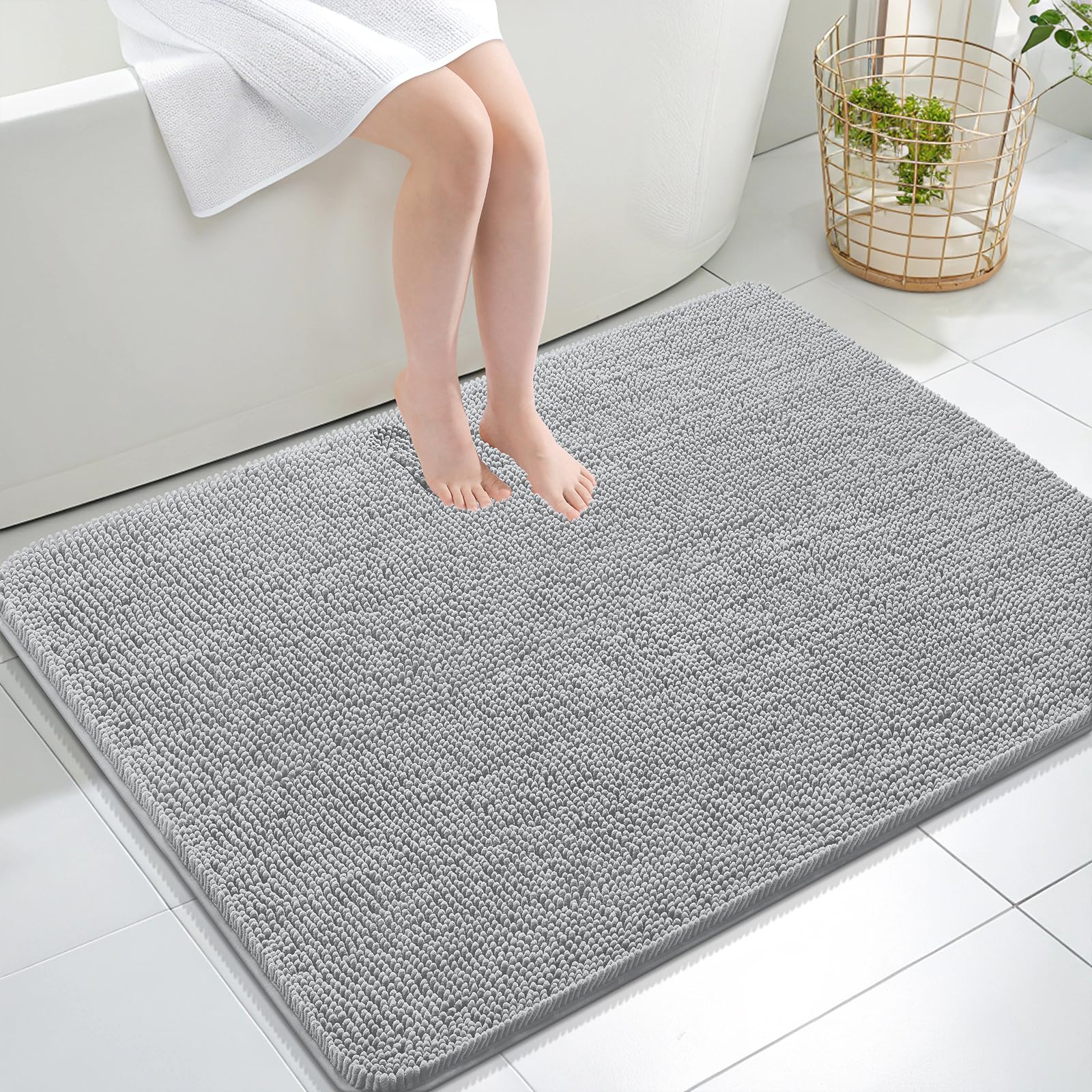 OLANLY Large Bathroom Rugs 40x32, Extra Soft Absorbent Chenille Bath Rugs | Light Grey, Quick-Drying Rubber Backing, Machine Washable Bath Mat for Bathroom Floor, Tub and Shower, Home Decor Accessories
