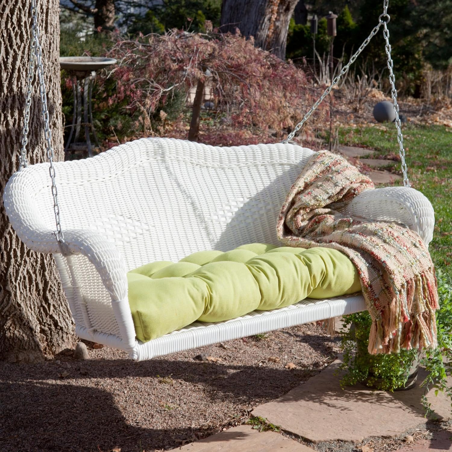 Hand Woven Resin Wicker Hanging Porch Swing with Chain - White