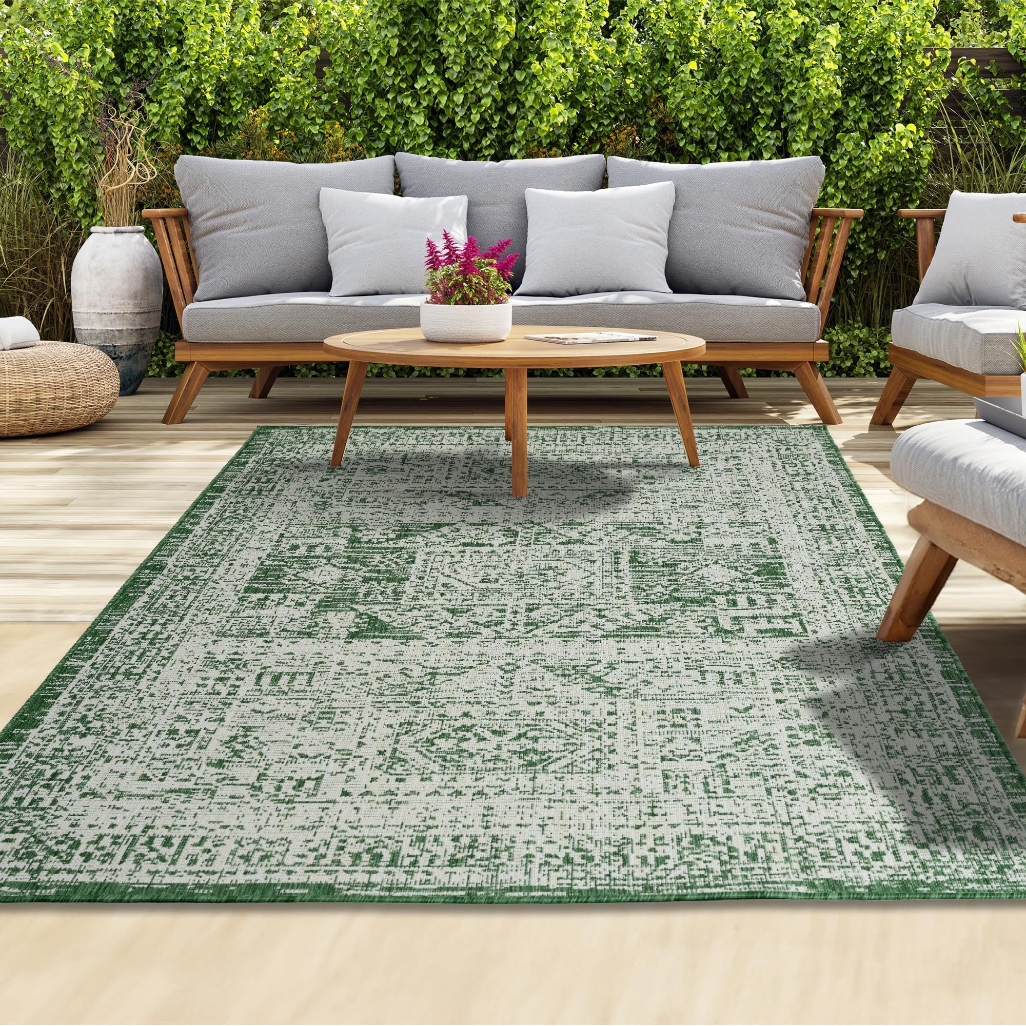 homeart Outdoor Rug - Easy-Clean, Durable, Stain-Resistant, Weather & UV Resistant Indoor & Outdoor Rugs for Porch, Deck, Balcony, Garden, Picnic and Patio | Vintage Green, Cream - 160x230cm