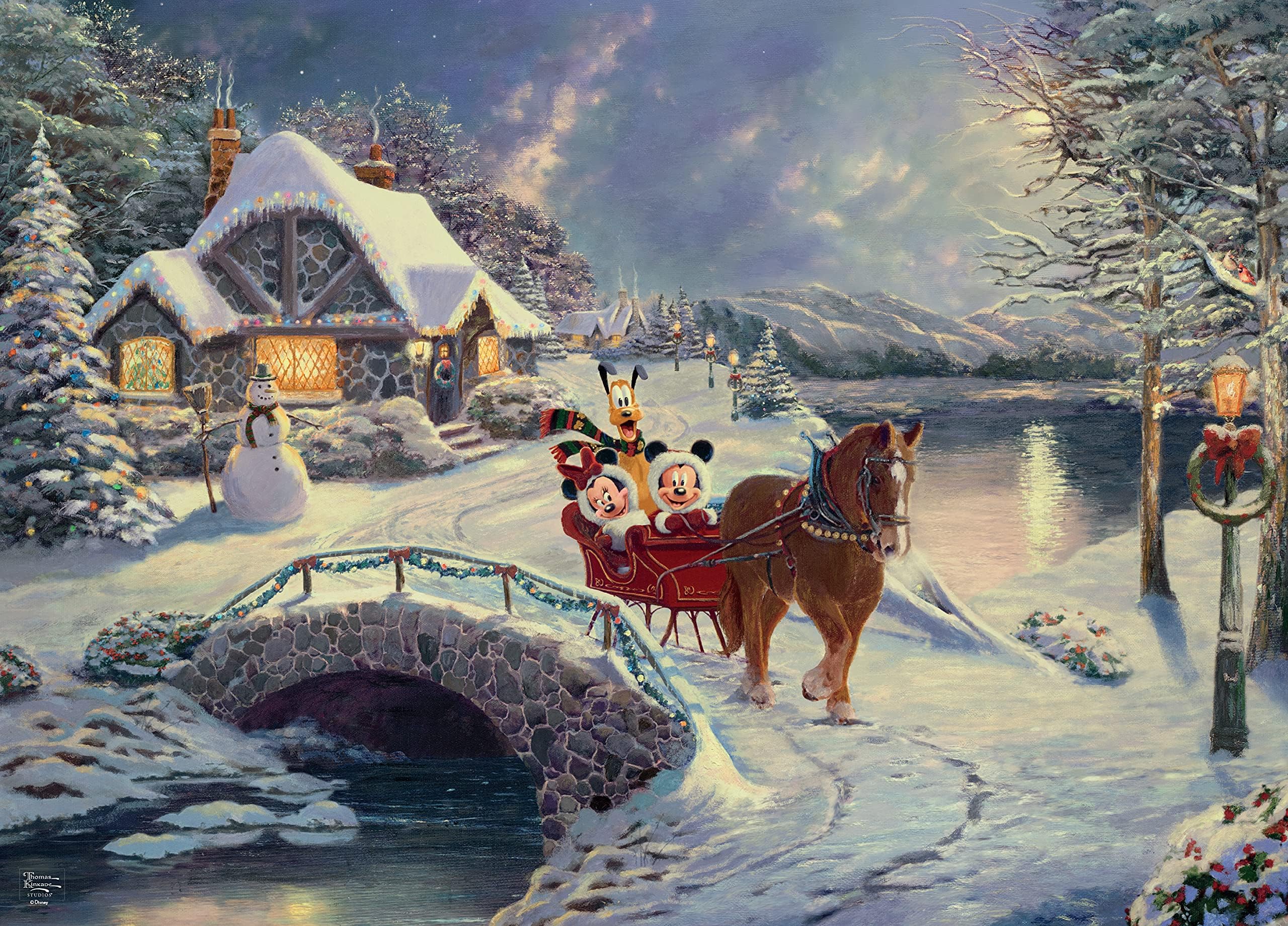 Ceaco - Thomas Kinkade - Disney Holiday - Mickey et Minnie Sleigh Ride - Puzzle de 1000 pièces