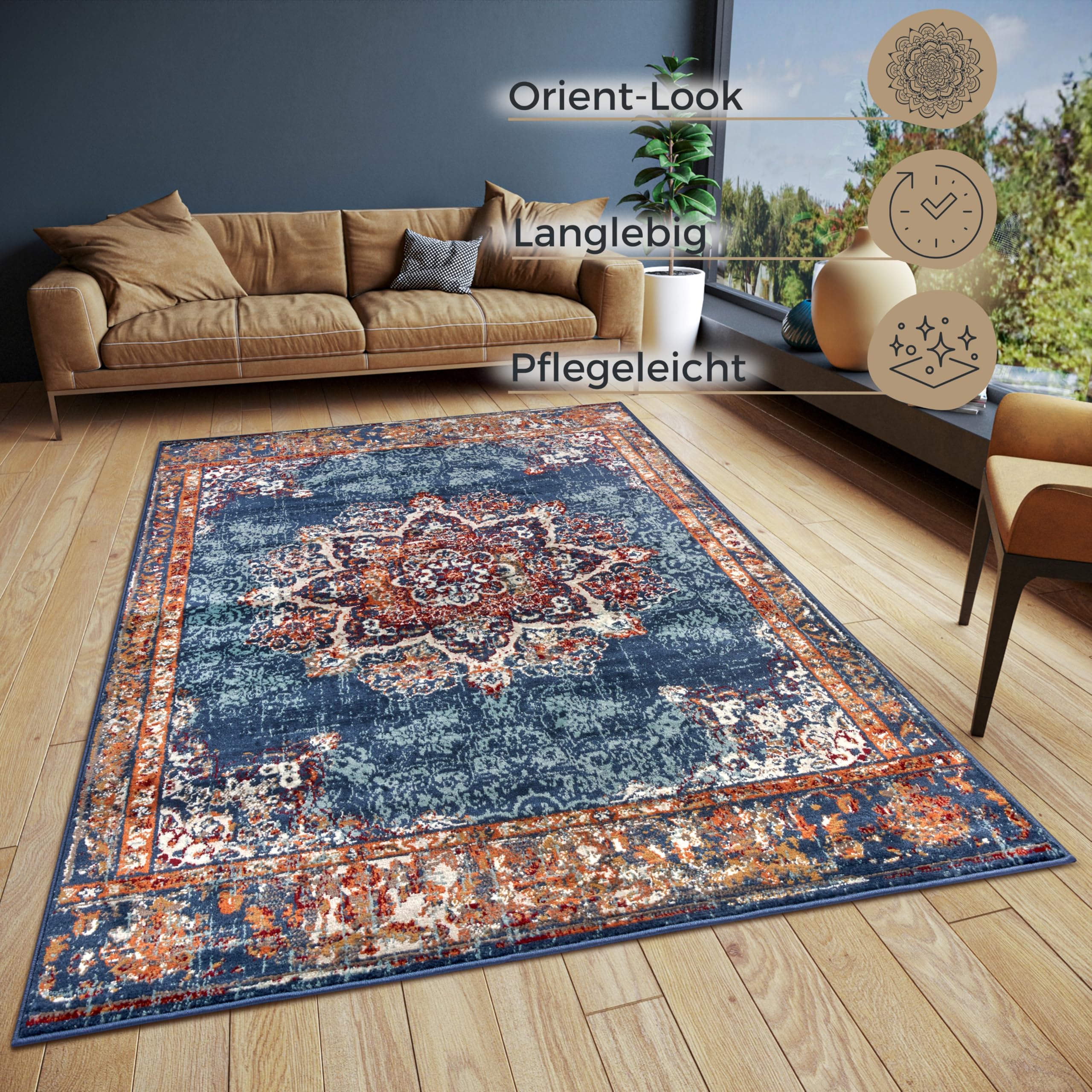 HANSE Home Maderno Tapis Oriental Classique tissé serré avec Ornements - Aspect Vintage - Poils Courts Doux - pour Chambre à Coucher, Salle à Manger, Salon, Couloir - Bleu, 160 x 235 cm