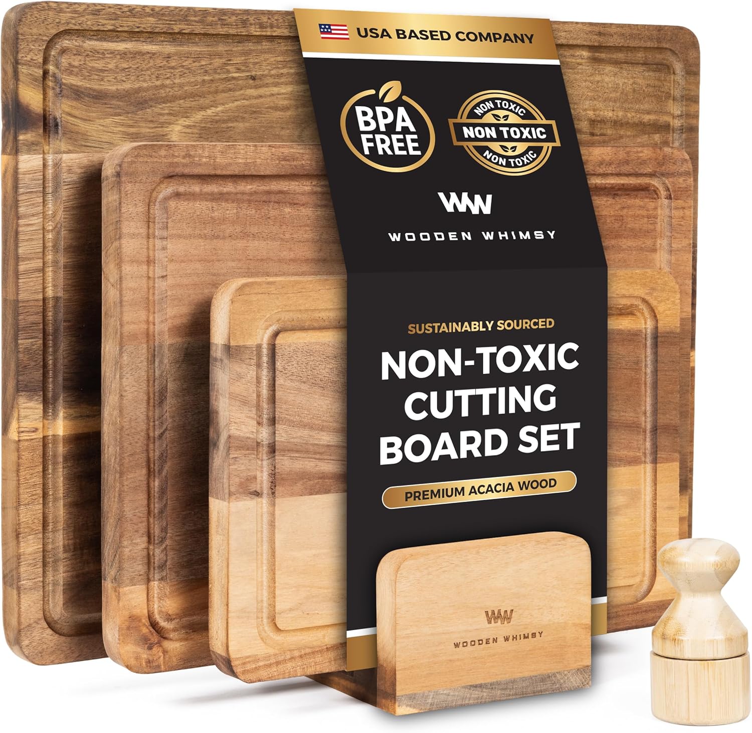 Rustic Wooden Cutting Board Set with Stand and Oil Applicator - 3-Piece Acacia Wood Butcher Block - Plastic-Free Cutting Boards for Kitchen Food Prepping, Charcuterie, and Cheeseboards