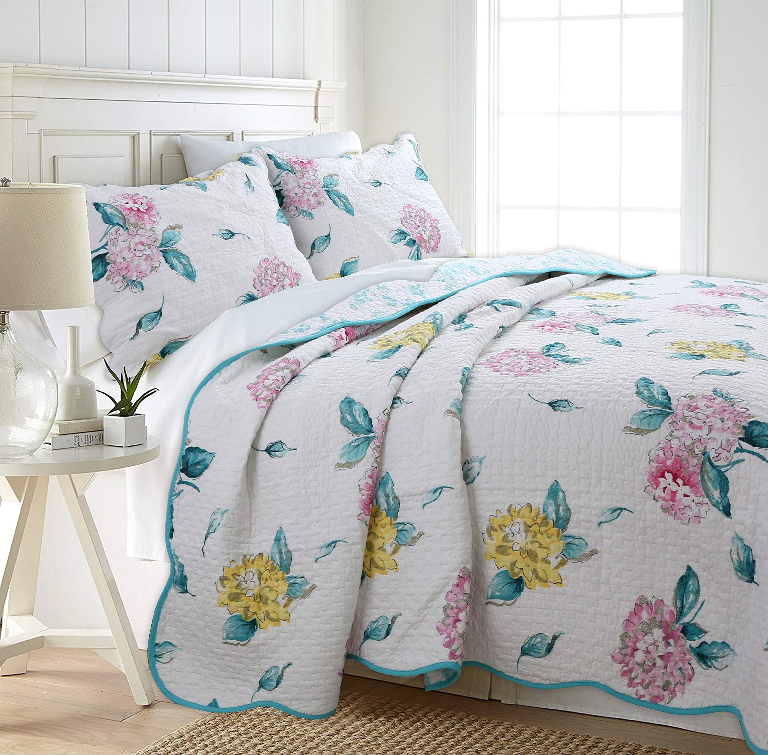 Cozy Line Home Fashions 100% Cotton Turquoise Blue Floral Hydrangea Garden Leaf Reversible Quilt Bedding Set, Coverlet, Bedspread (Valencia Bloom, King-3 Piece)