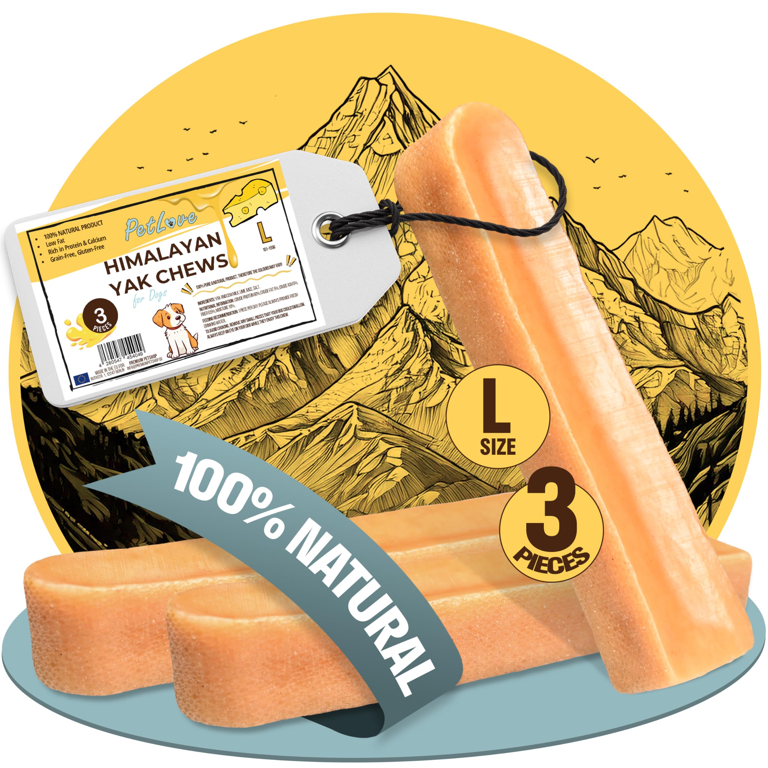 PetLove Himalayan Yak Chews for Dogs (Pack of 3) • 100% Natural Hard Cheese Dog Chews • Dog Dental Chews • Natural Dog Treats for Teeth & Bones • Protein Rich Cheese Bone • Size: L