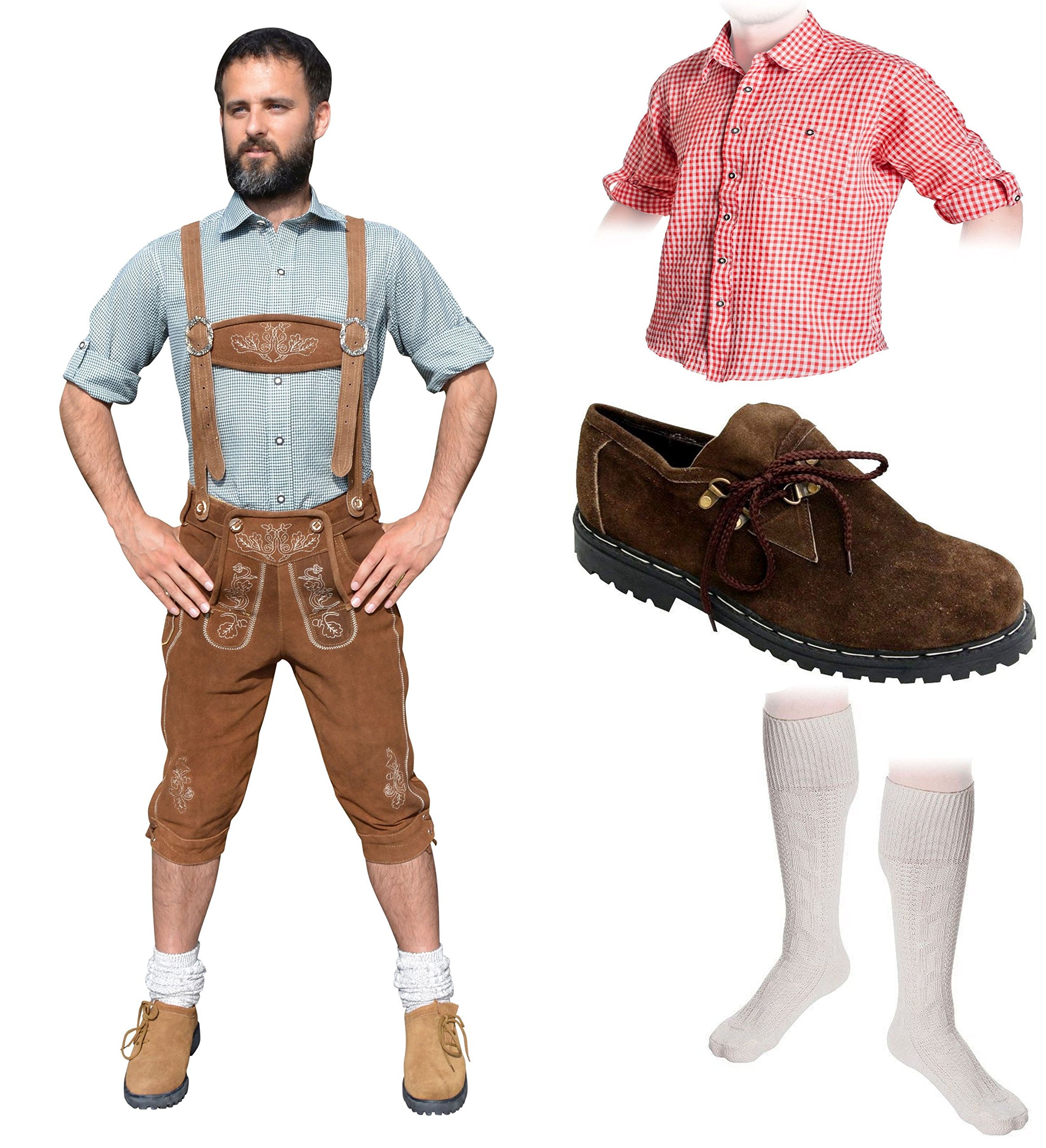 Herren Trachten Set B 5-teilig Trachten Lederhose HELLBRAUN 46-60 Trachtenhemd Schuhe Socken Oktoberfest