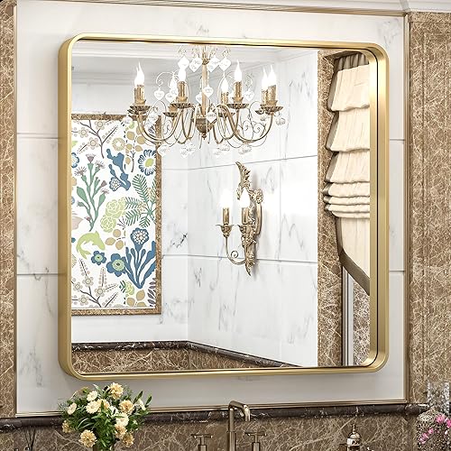 TokeShimi Espejo de tocador de baño dorado de 36 x 36 pulgadas para pared, espejo rectangular con aleación de aluminio no oxidante, marco de metal