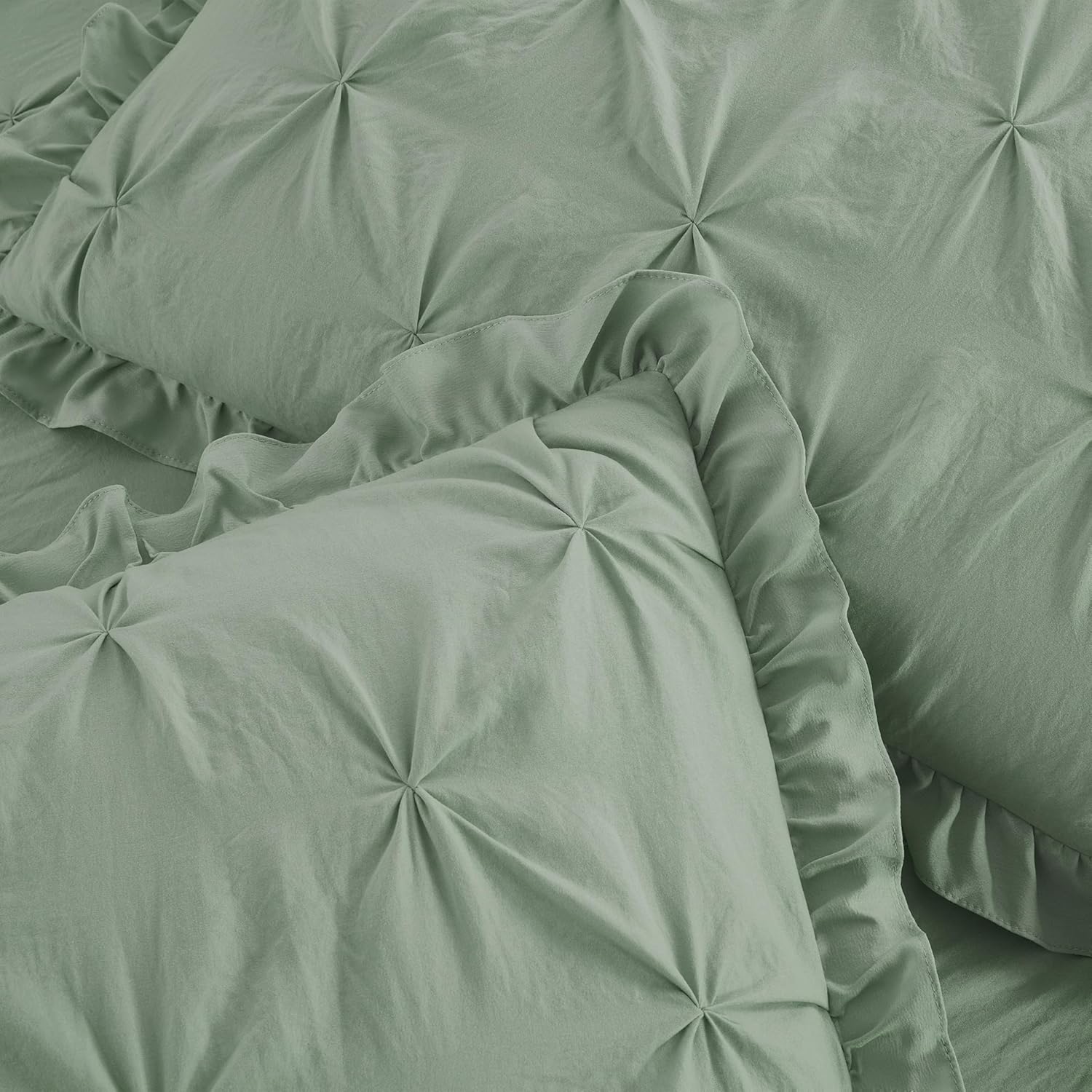 Chezmoi Collection Aria 3-Piece Pintuck Ruffle Skirt Bedspread Set - Lightweight Pinch Pleat Crinkled Texture Microfiber Bedding - French Country Chic Farmhouse - Queen, Sage Green