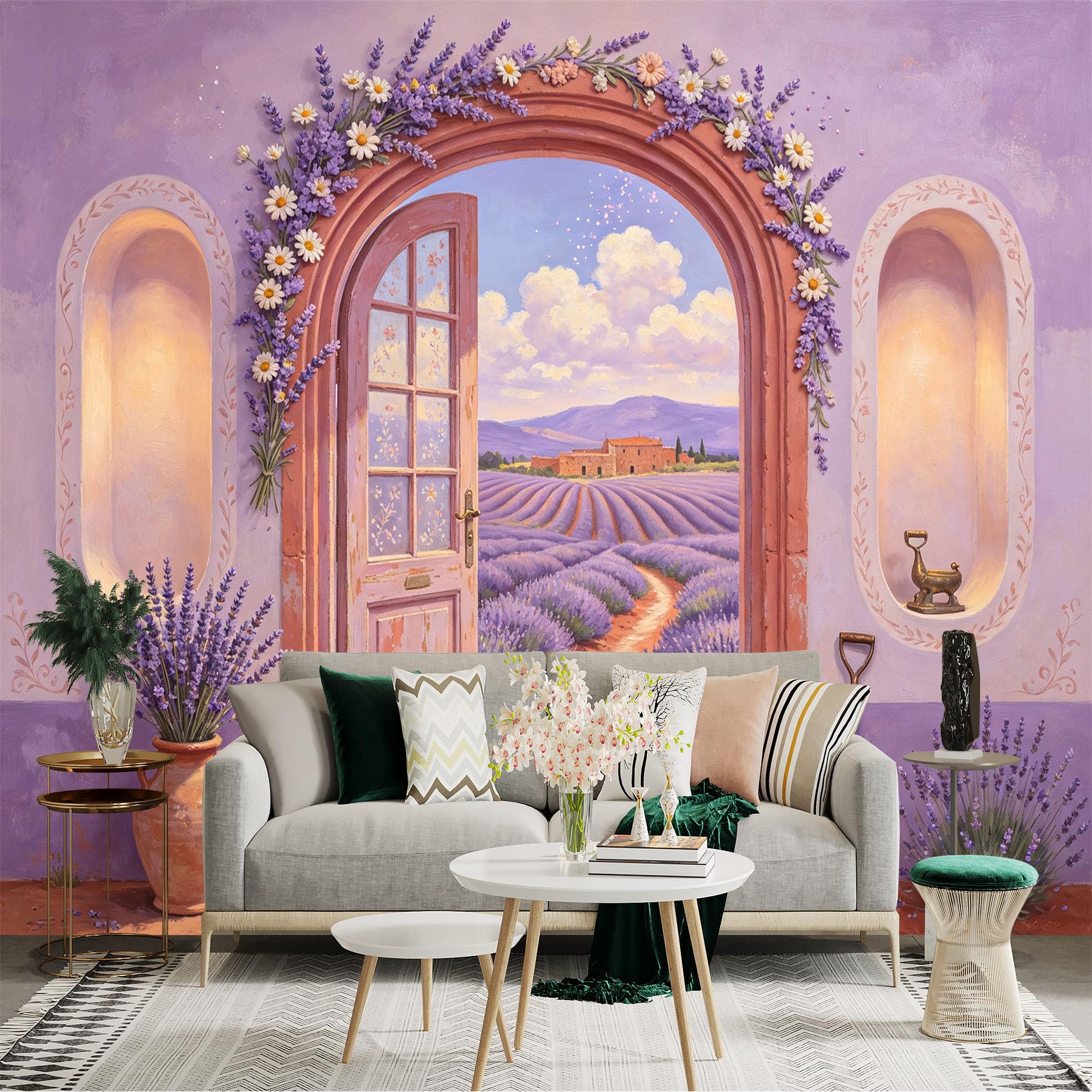 Custom Size Wall Sticker Mural， Lavender Field Archway， Rustic Doorway， Purple Floral Landscape， Cottage View， for wall Decoration， peelandstick wall Decals.