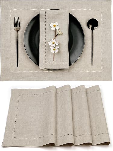 D'Moksha Homes - Manteles individuales de lino - 14 x 19 pulgadas - Color natural - Juego de 4 manteles individuales con vainica, lavables a
