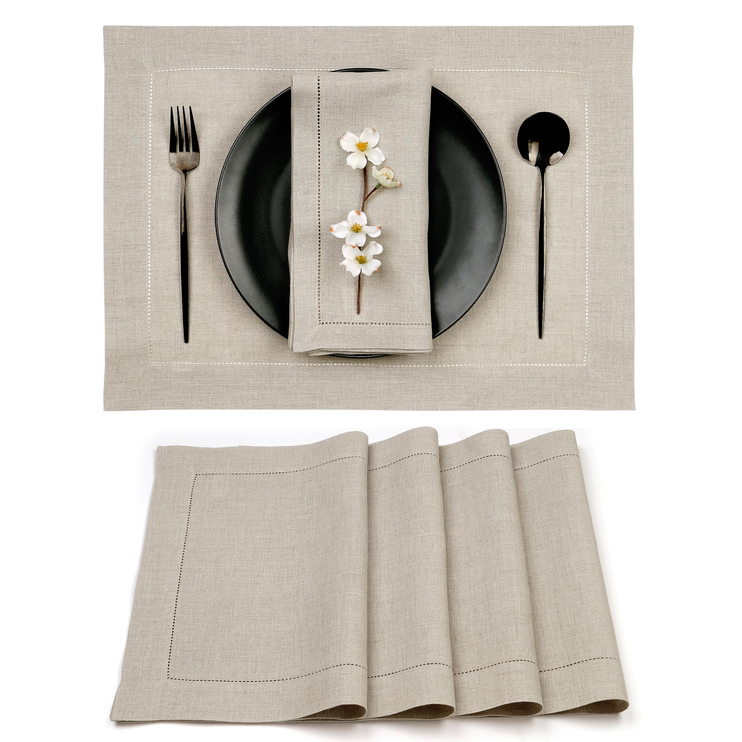 D'Moksha Homes Linen Placemats Set of 4-100% Pure Linen Natural Placemats 14 x 19 Inch - Classic Hemstitch, Washable Natural Placemats for Christmas