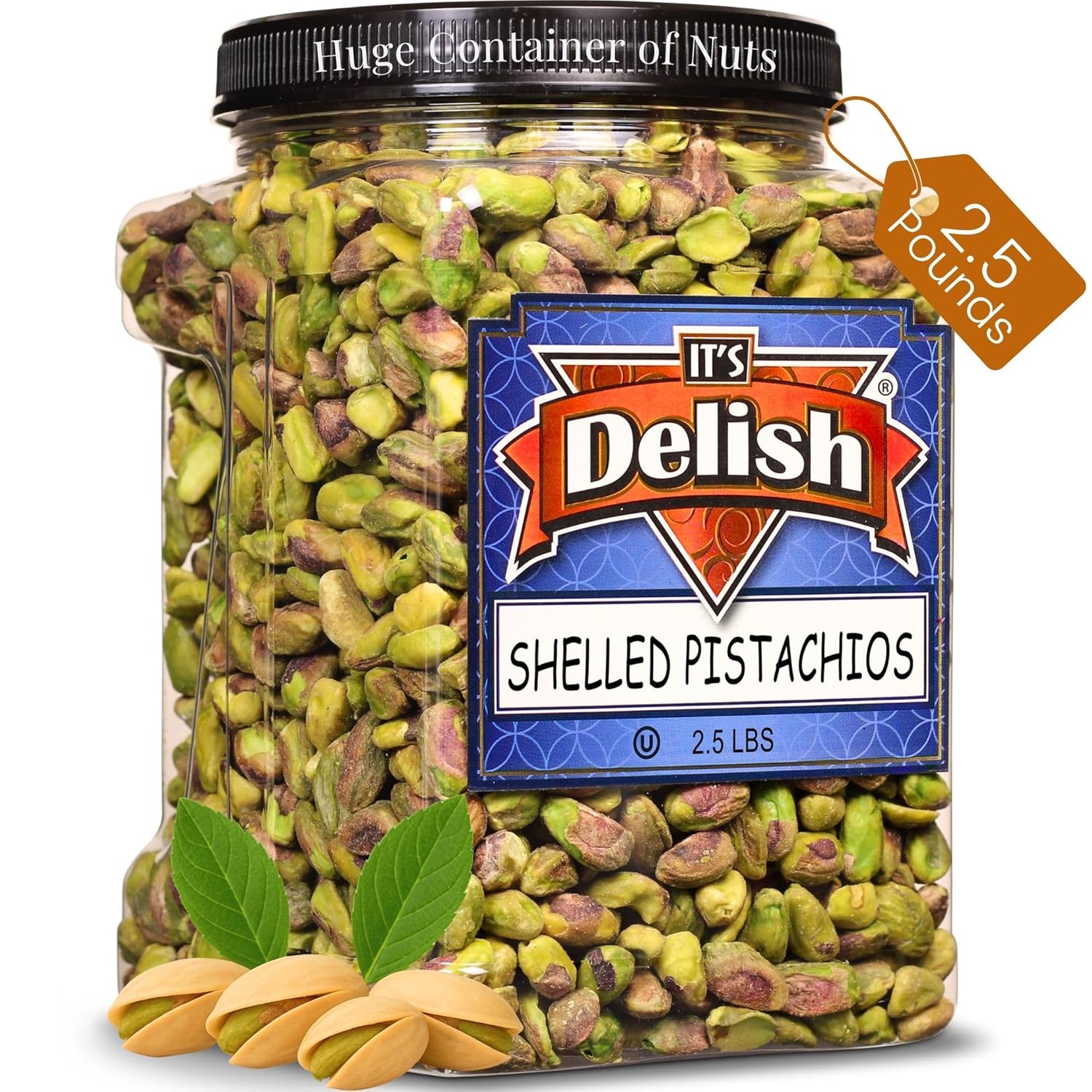 Premium California Roasted Salted Shelled Pistachio Kernels by Its Delish - 2.5 LBS Reusable Jumbo Container (Jar) Bulk Style, Fresh & Crunchy Dry Roasted Pistachio Nuts No Shell with Salt, Kosher Snack & Salad Topping