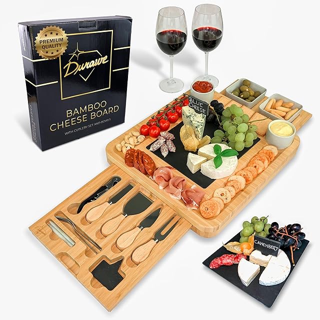 Bamboo Cheese Board and Knife Set Ceramic Bowls Wine Opener - 100% Organic Wood Serving Tray Charcuterie Board Perfect Choice for Gourmets, Birthday Presents, Wedding Gifts, Mothers & Housewarming