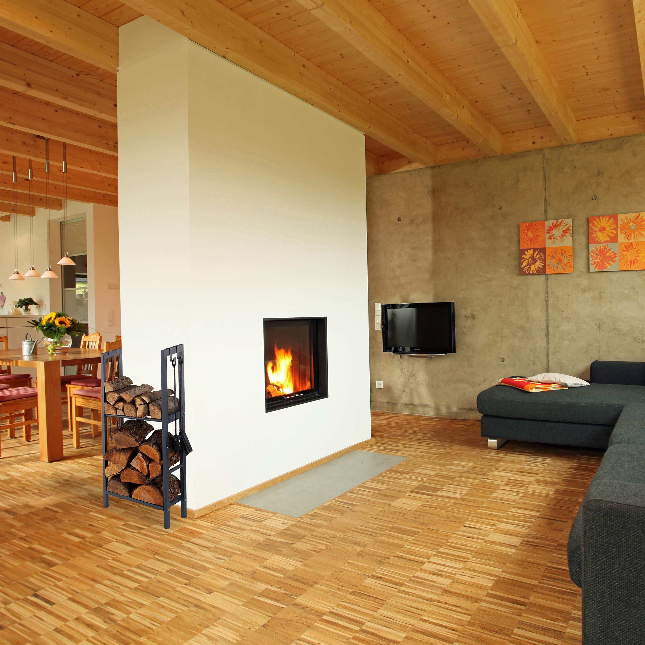 Relaxdays Scaffale Porta-Legna con 2 Ripiani, 100 x 60 x 30 cm, 4 Ganci per gli Accessori da Camino, Acciaio, Antracite