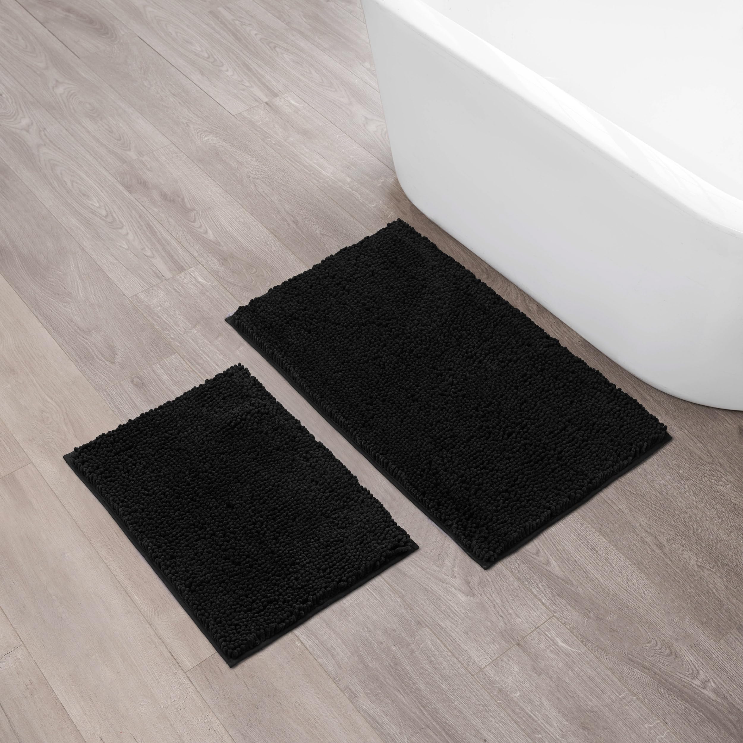 Resort-Kollektion Creative Home Ideas Plüsch-Badezimmerteppiche, Chenille, 2-teiliges Set, rutschfeste Unterseite und maschinenwaschbar, schwarz, 43,2 x 61 cm und 53,3 x 86,4 cm