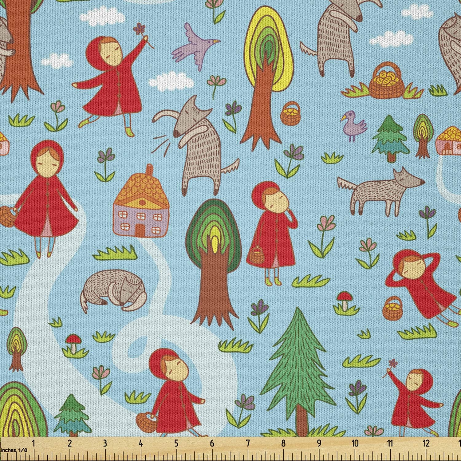 Ambesonne Fantasy Fabric by The Yard, Red Riding Hood Tale Themed Illustration with House and Big Bad Wold in The Forest, Microfiber Fabric for Arts and Crafts Textiles & Decor, 3 Yards, Multicolor