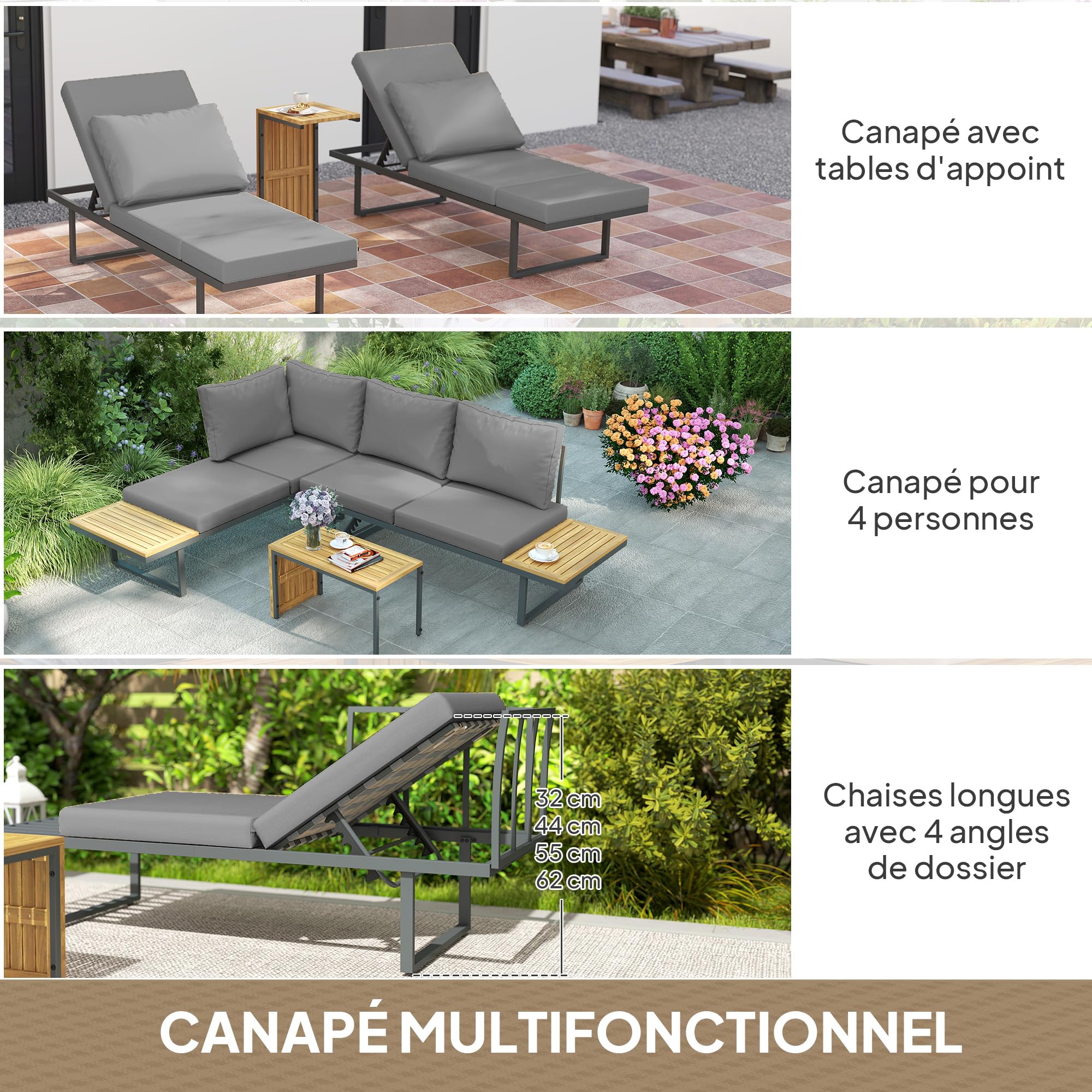 Outsunny Salon de Jardin extérieur d'angle 6 Places modulable en Bois d'acacia avec canapés et Table Basse, Dossier Ajustable, Coussins Inclus, chaises Longues pour terrasse Patio Jardin, Gris