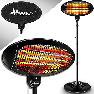 TRESKO Calefactor por Infrarrojos 2000W | Estufa Radiante con 3 Temperaturas | Radiador Eléctrico para Exterior e Interior | Calentador con Pantalla LED
