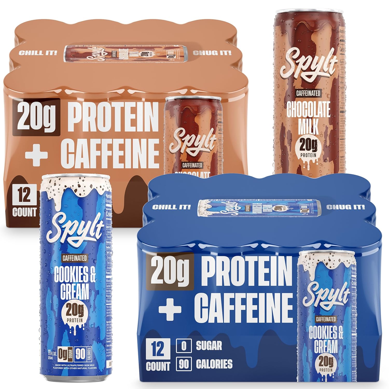 Spylt High Protein Chocolate/Cookies & Cream Milk with 60mg Caffeine & 20g Protein - 90 Calories, Ready to Drink, Sugar Free, Lactose Free Milk, Perfect for Workout Recovery & Afternoon Pick Me Up -