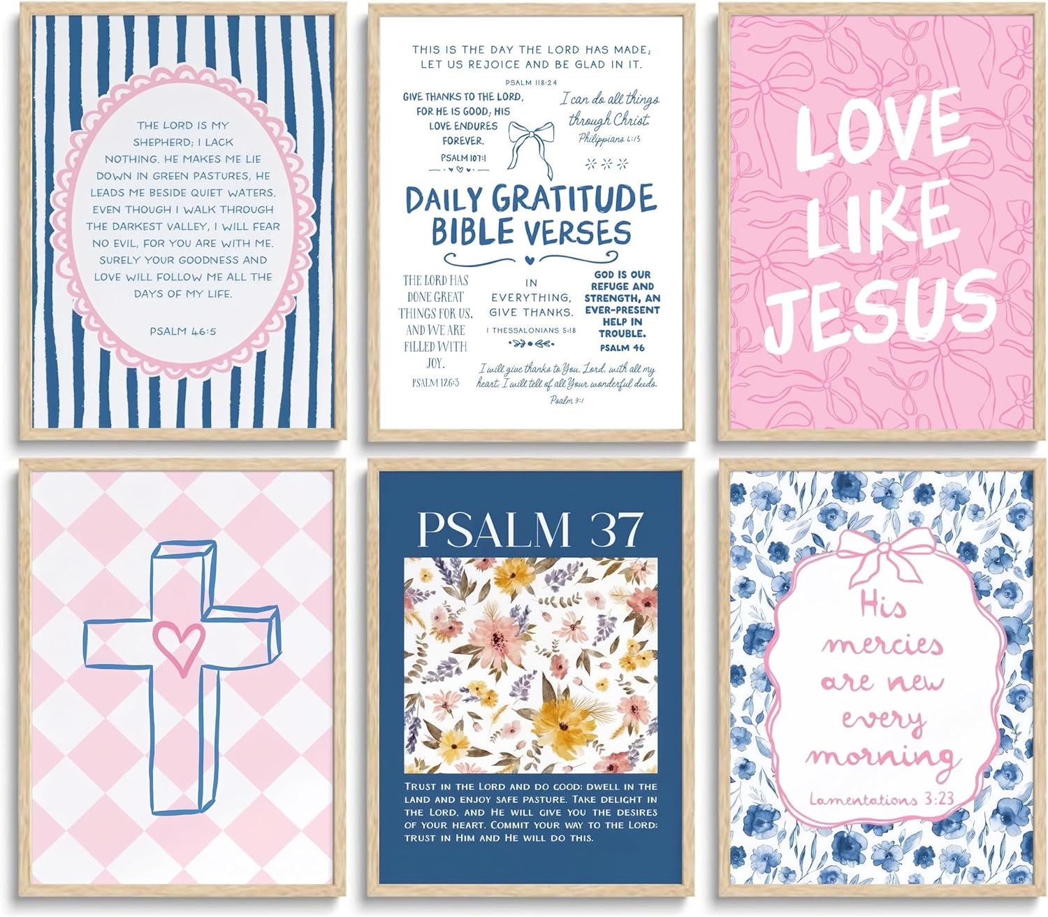 6Pcs Pink Blue Christian Wall Art Bow Bible Verse Floral Canvas Wall Decor Religious Pictures Jesus Scripture Poster Prints Trendy Preppy Painting for Bedroom Girls Room College Dorm 12x16in Unframed