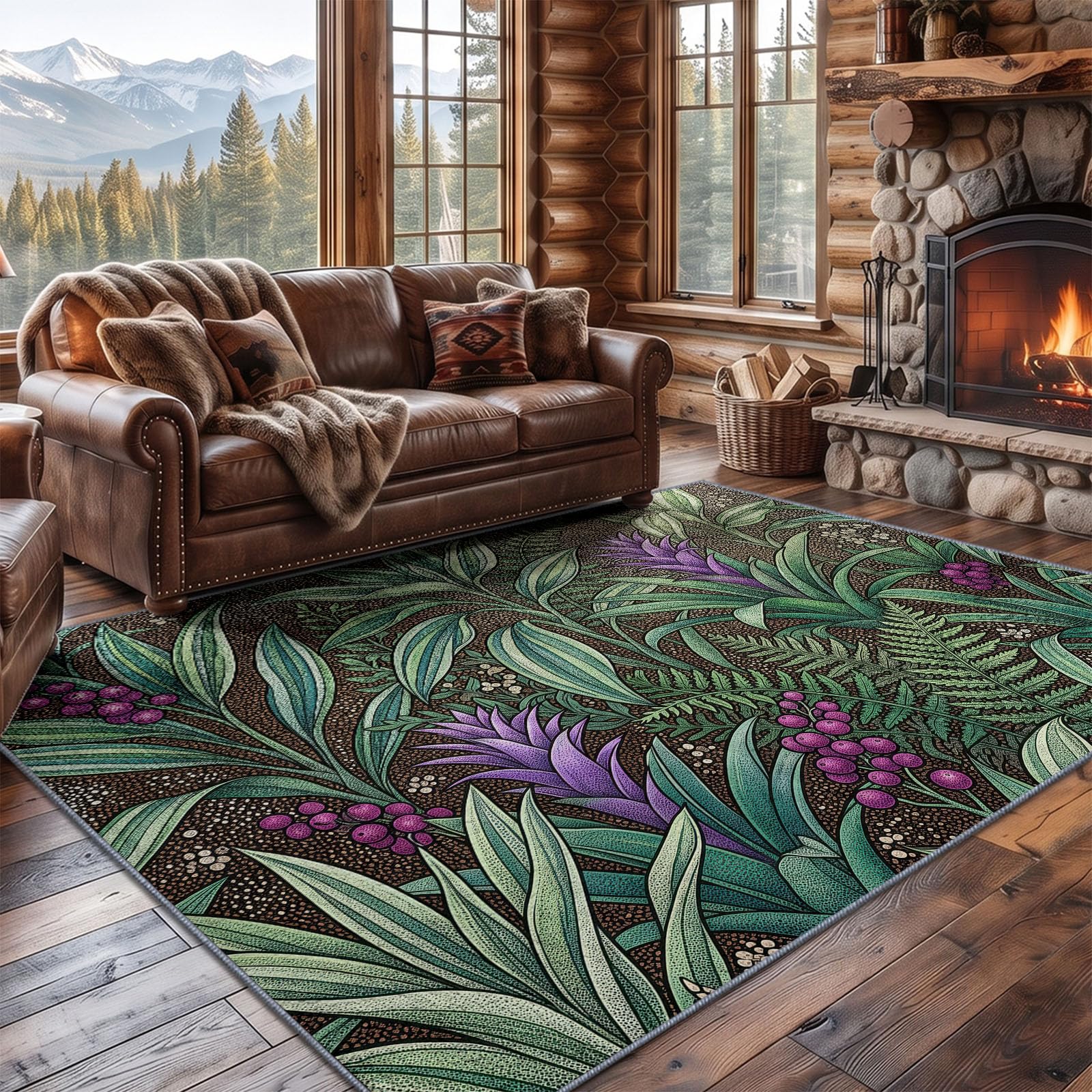 Tapis Poil Ras Salon Illustration Tropicale Doux Moquette Chambre 80 x 150 cm, Lavable Descente De Lit Vert pour Cuisine, Salle à Manger, Bureau Couloir-Tapis Forêt Tropicale Humide Fougères Plantes