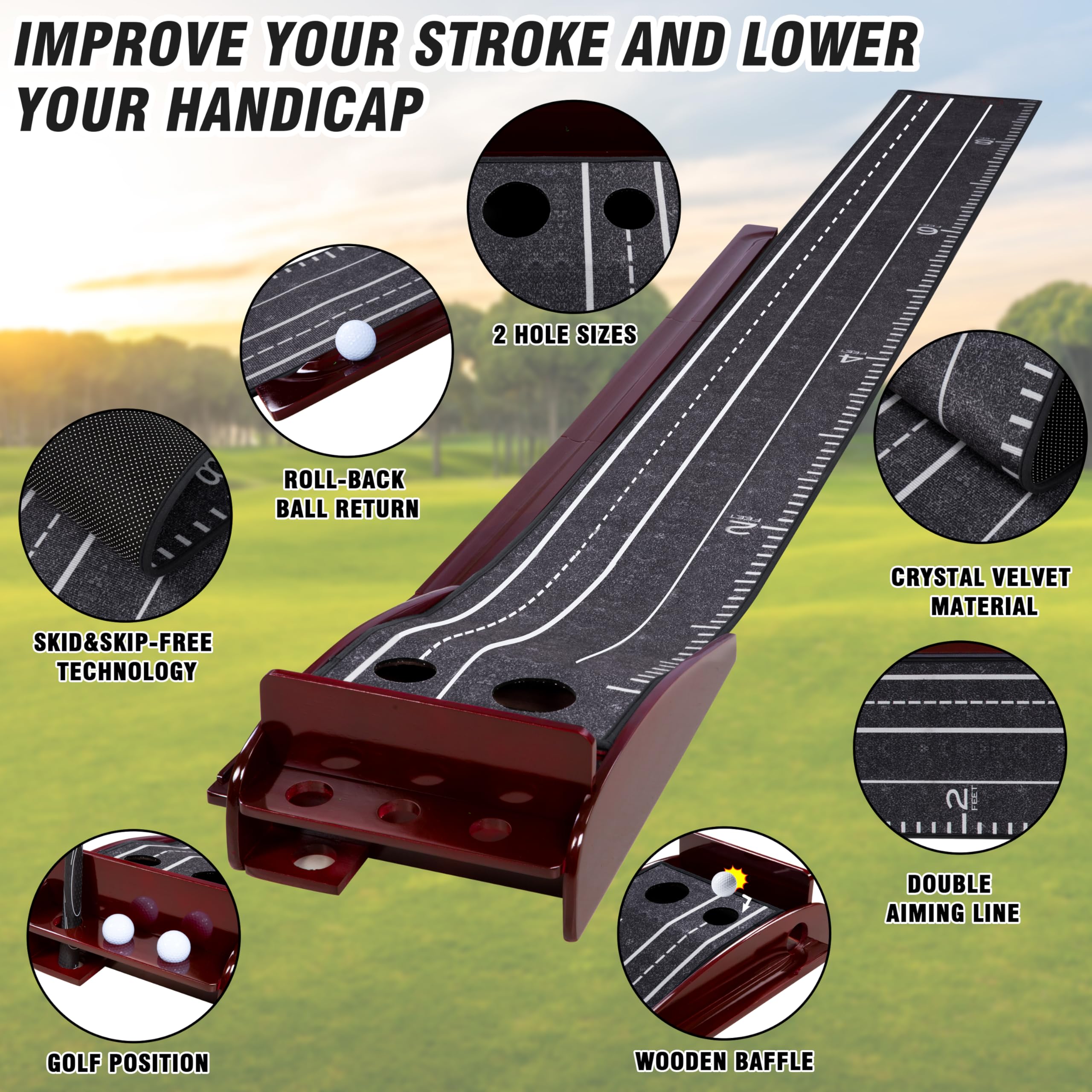 PGM Indoor Putting Green with Auto Ball Return Crystal Velvet Golf Mat for Home, Office and Outdoor Practice Portable Putting Mat for Golf Skill Improvement