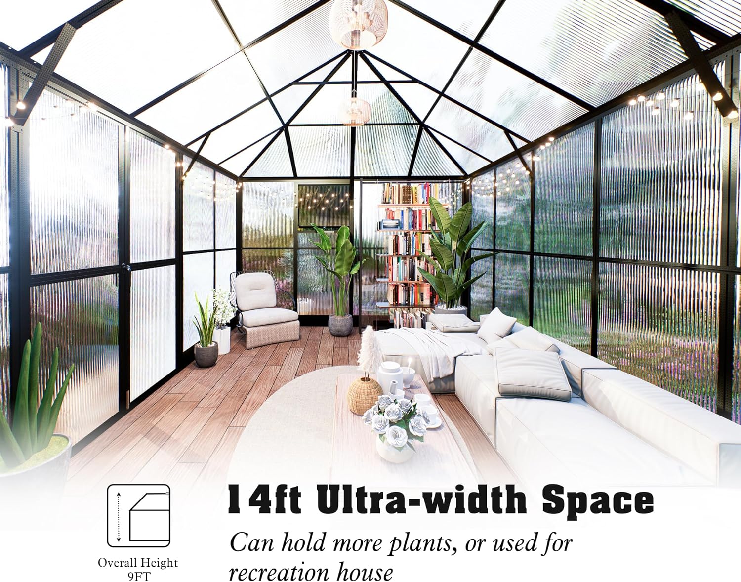 Howe 14x9.5x9 FT Polycarbonate Greenhouse with 2 Vents and Double Swing Doors 6FT Added Wall Height, Walk-in Large Sunroom Aluminum Greenhouse for Outdoors, Black