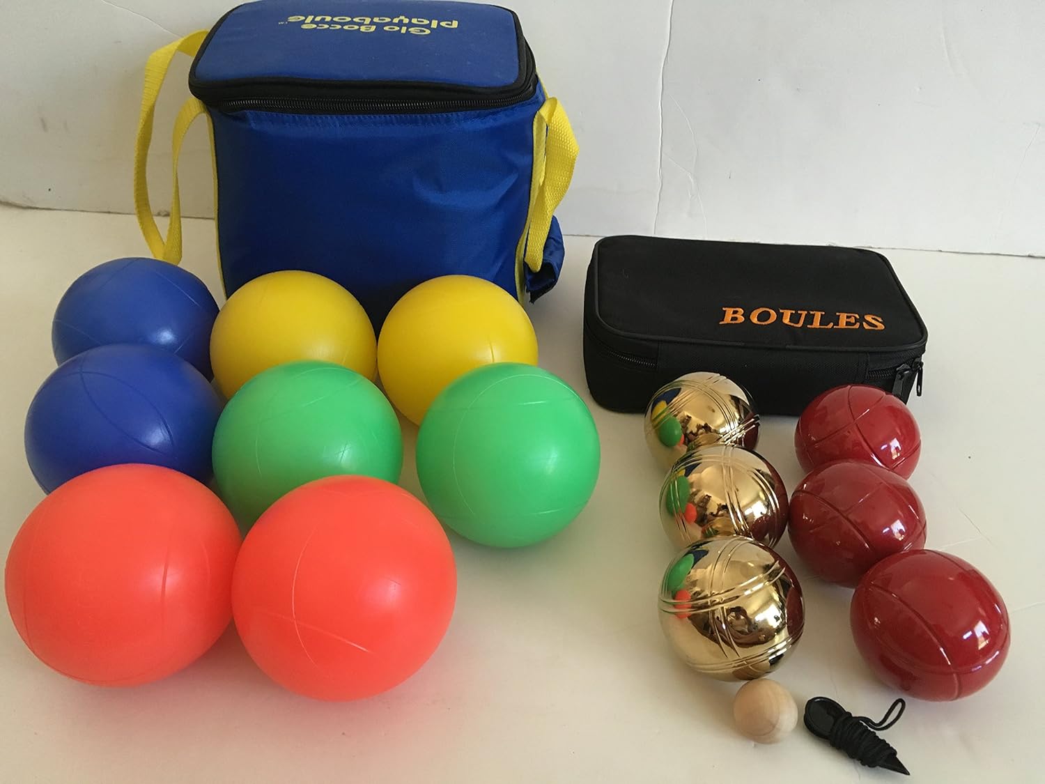 BuyBocceBalls Unique Package - Glow in Dark Bocce Set and 73mm Metal Petanque/Boules 6 Ball Set with 3 Gold and 3 red Balls and Black Bag