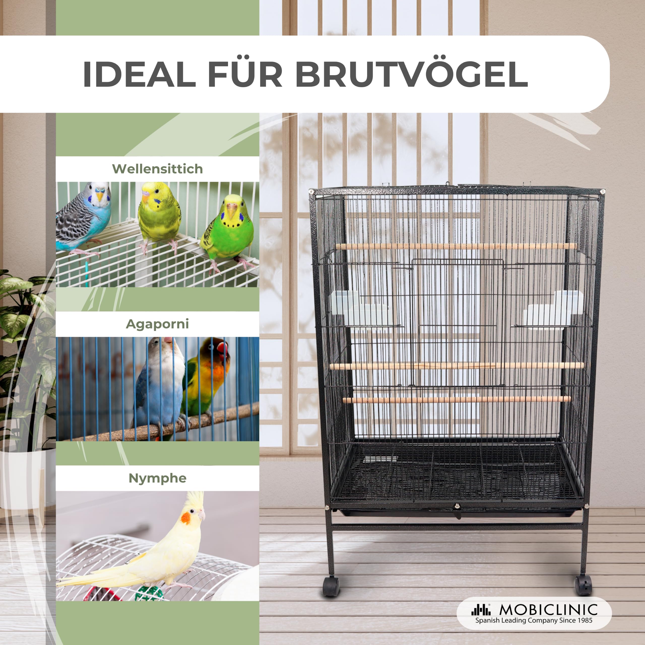 Mobiclinic®, Vogelkäfig, XL, Transporträder, Bremsen, Öffnung nach Oben, Herausnehmbares Tablett, 8 Türen, Großformat, 95x43x61,5 cm, Futterstellen, Tränken, Sitzstangen, Ruhebarsch, NINFA