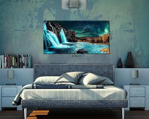 Miniatura 6 de THRLVEART Lienzo decorativo de pared en cascada grande  Decoración de sala de estar verde azulado  Luces del norte, arte de pared moderno para el