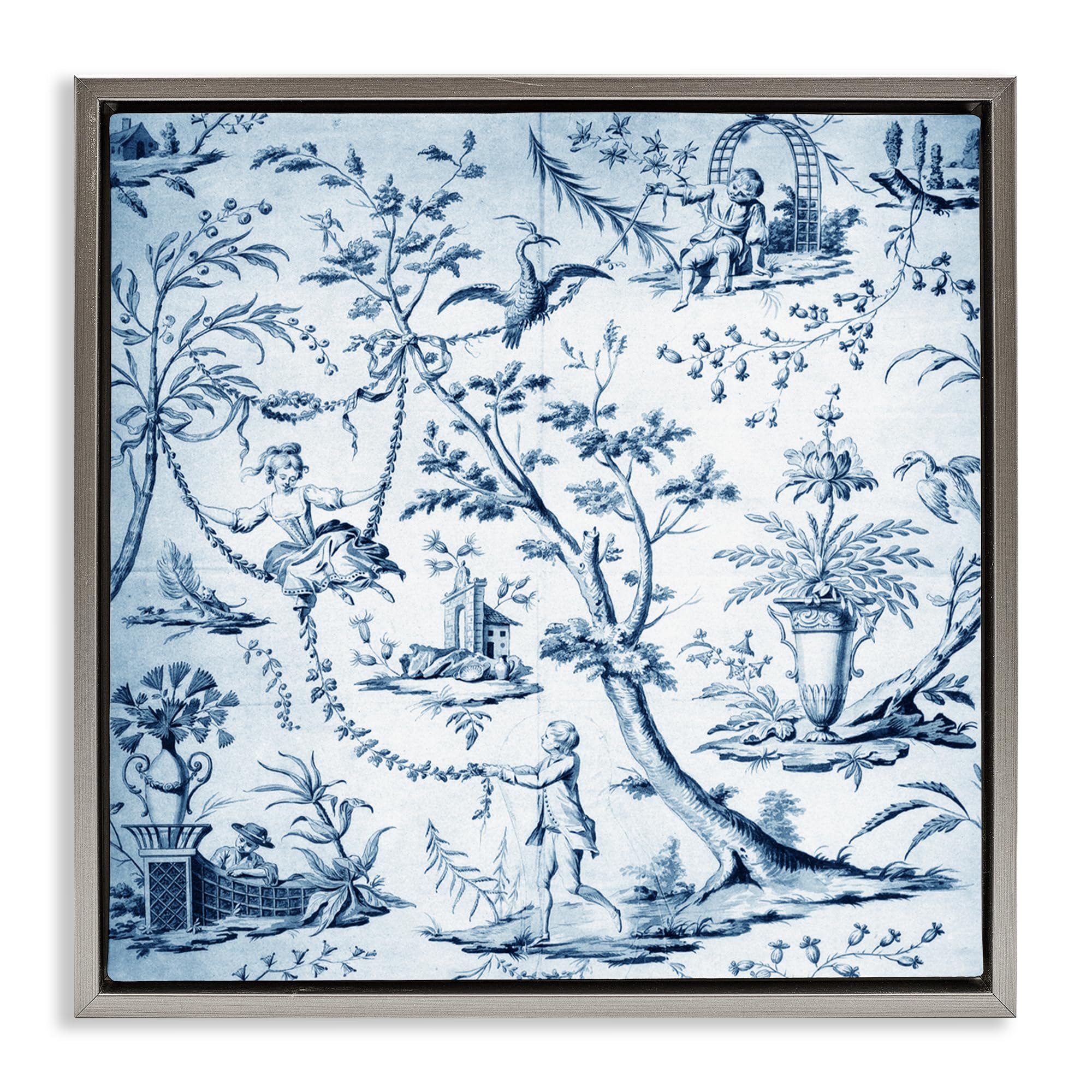 Vintage Toile Floral Bird Scene, 24 x 24 Inch Canvas in Floater Frame
