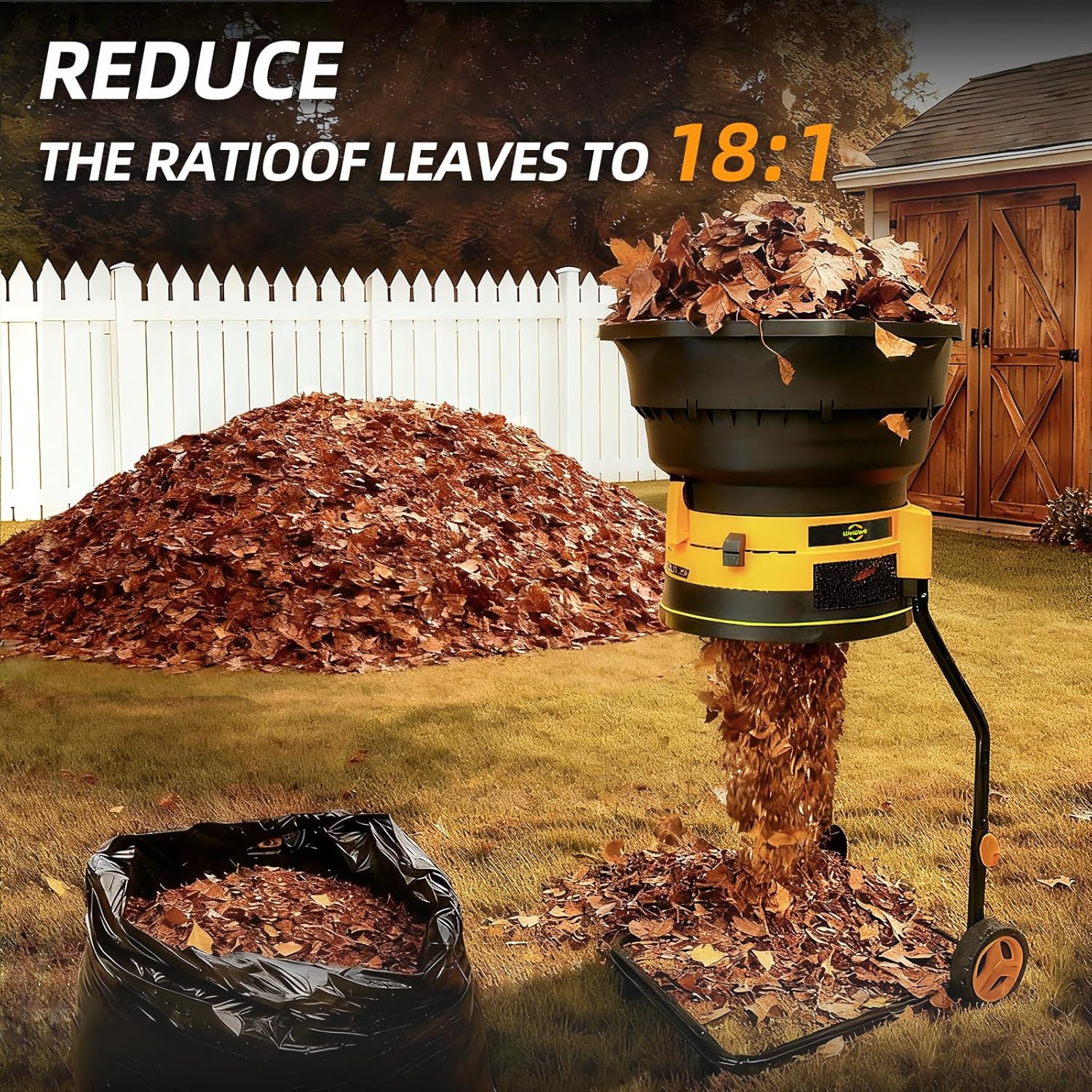 Electric Leaf Shredder & Chipper, 15 Amp, 8400 RPM, 18:1 Reduction Ratio, Adjustable Knob, 20 Cutting Lines - Portable Garden/Yard Shredder for Wet and Dry Leaves