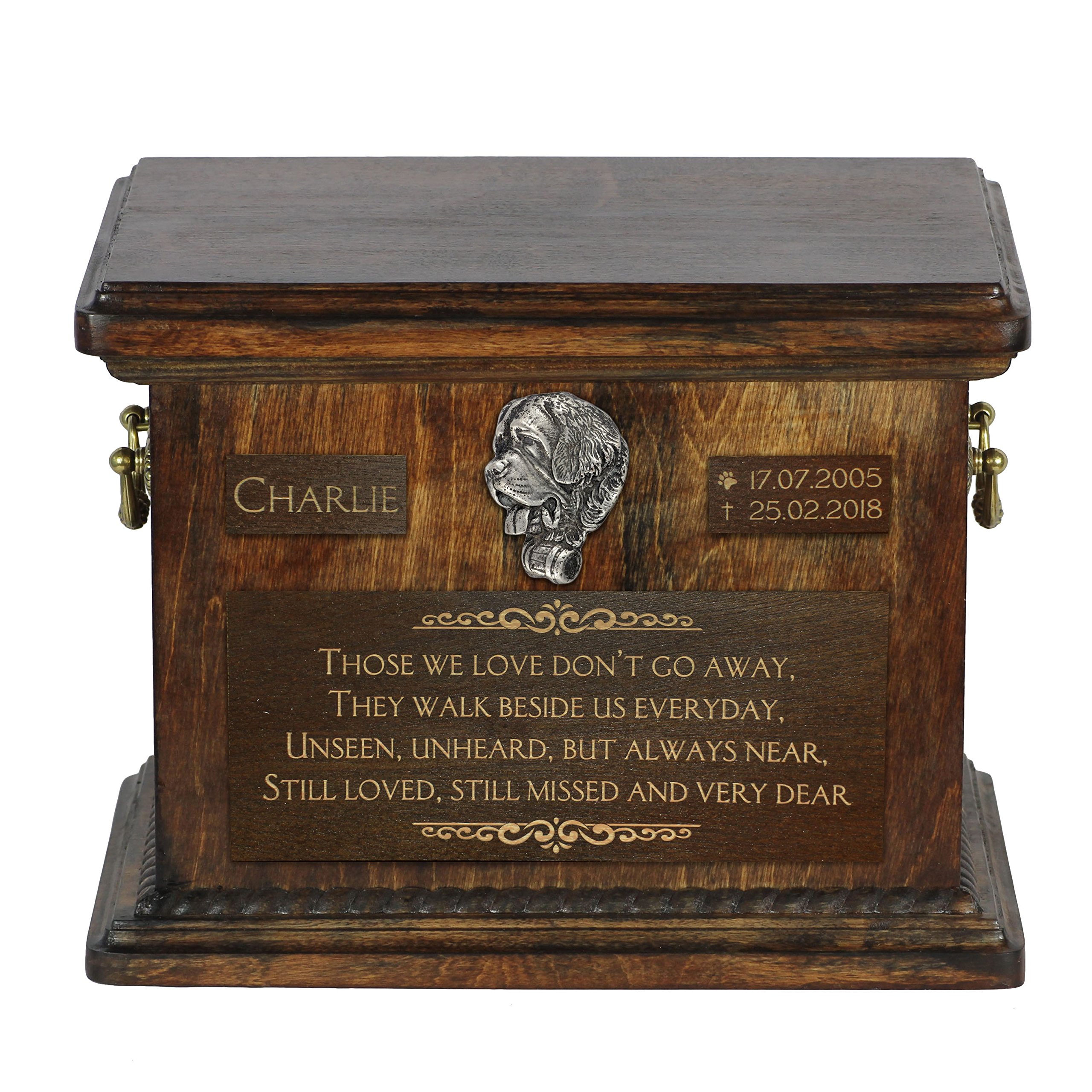 Art-Dog Pet Memorial Urn - Handmade Cold Cast Bronze Portrait on Birch Base - Personalized Dog Cremation Box – Custom Engraving – 8,3x11,4x8,7” – Saint Bernard — image 1
