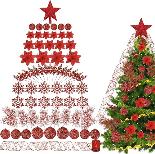 Miniatura 1 de Juego de 68 adornos para árbol de Navidad con purpurina inastillable, adornos de bola de árbol de Navidad, flores de nochebuena, cinta con alambre,