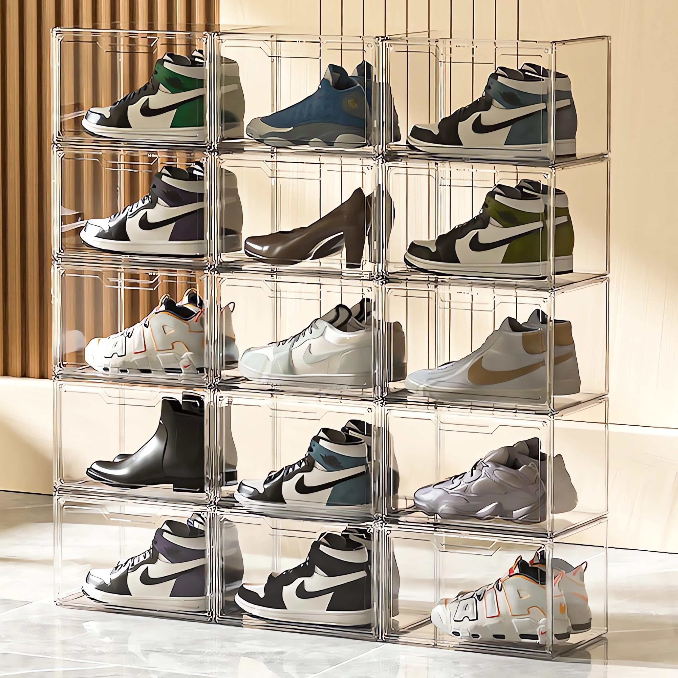 Clear Shoe Box of 15 pcs, Shoe organizer,Ultra Clear Plastic Handbag Shoe Storage Organizer for Closet, 360° Fully Transparent Professional Grade Shoe Display Case for Sneakers,Hats,Boots 15pcs