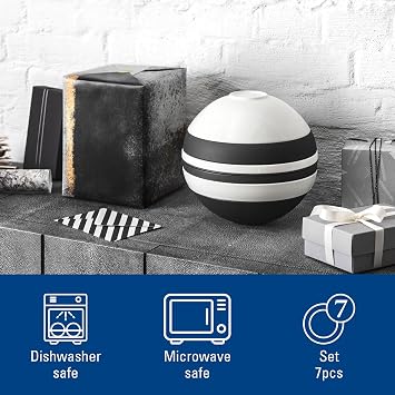 Villeroy & Boch Iconic Collection La Boule, 7-Piece Dinnerware Set for 2, Premium Porcelain, Made in Germany, Dishwasher Safe, 9.5 x 9 in, Black & White