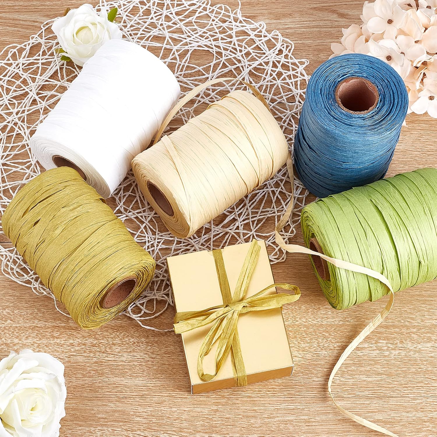 BENECREAT 328 Yards Blue Raffia Ribbon Raffia Paper Craft Ribbon Packing Twine ffor Wedding Gifts Wrap DIY Decoration and Hat Weaving (8mm Wide)