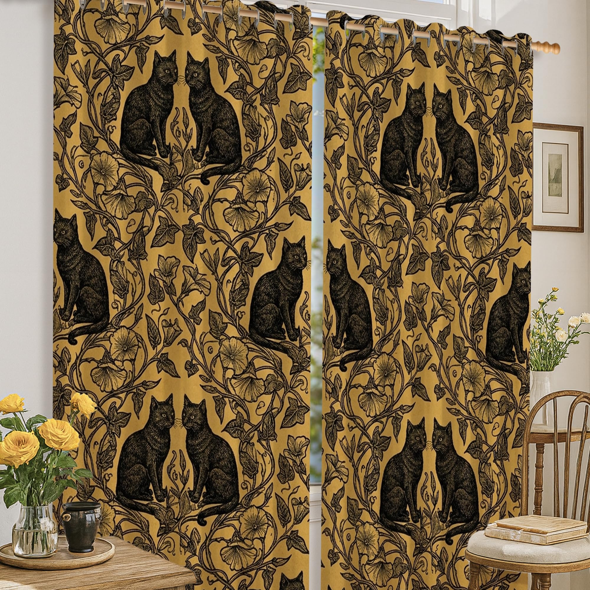 Rideaux occultants motif chat feuilles noir pour chambre et bureau