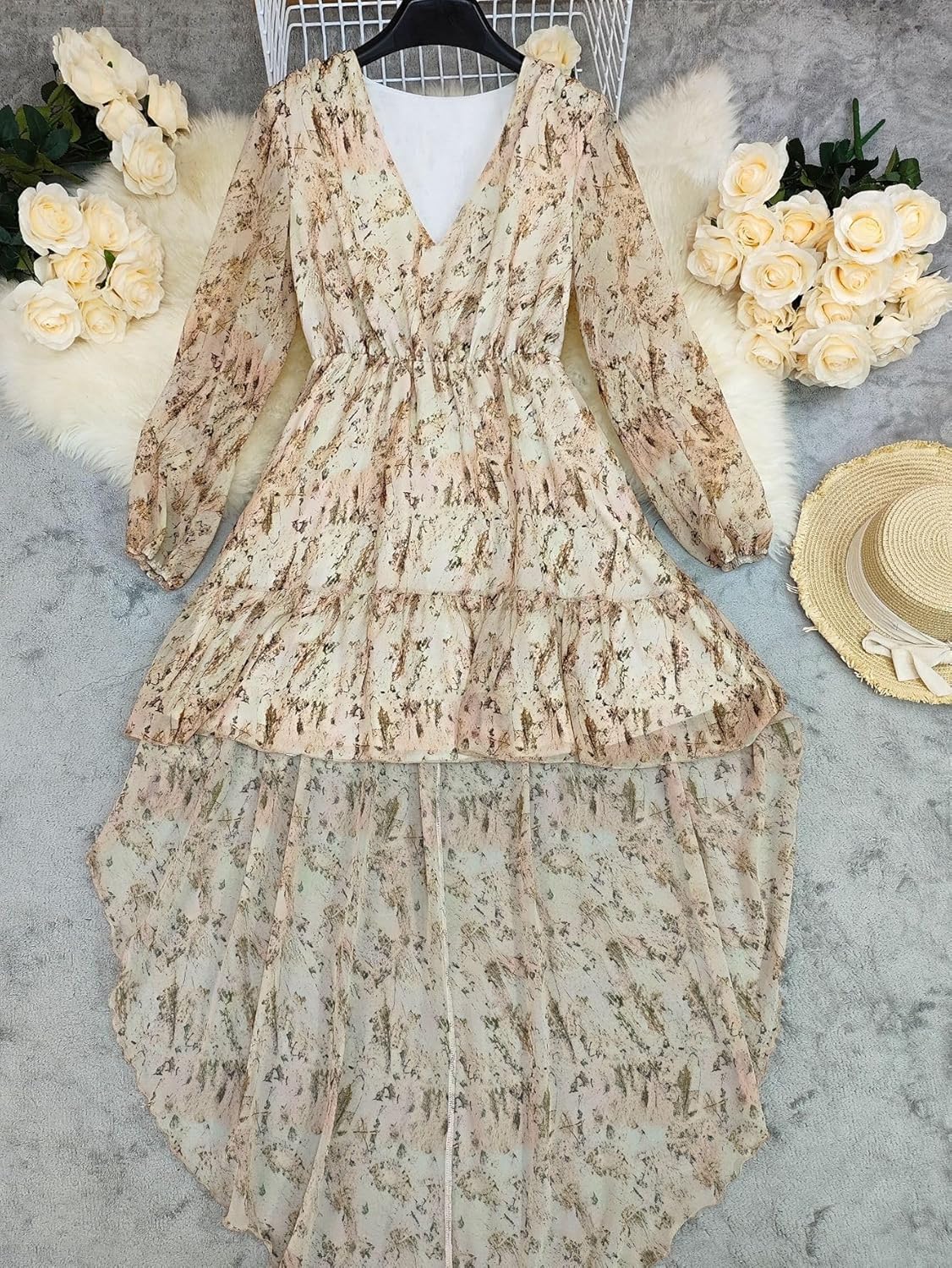 Women's Floral Long Sleeve V-Neck High Low Maxi Dress Elastic Waist Lantern Sleeve Asymmetric Boho Flowy Summer Dress