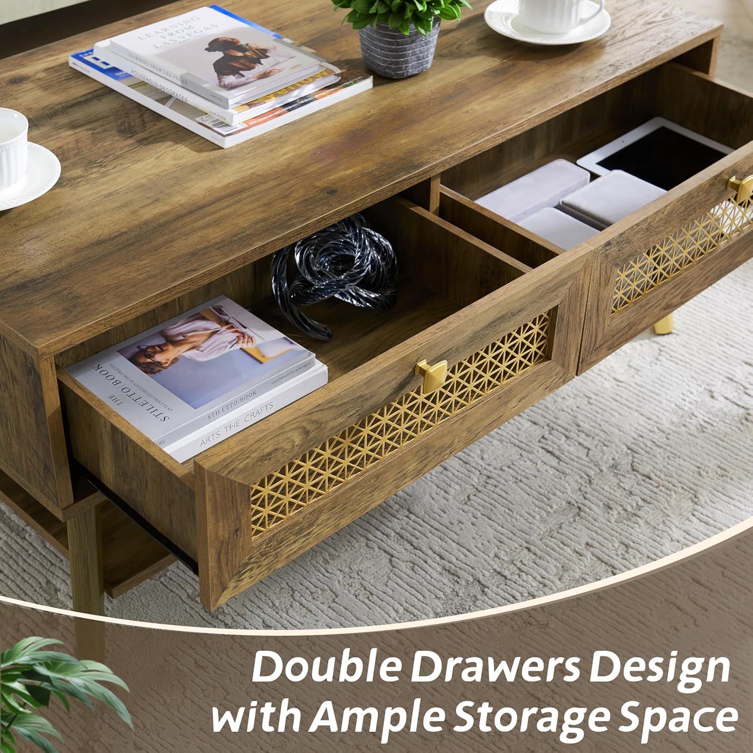 EDYO LIVING Mid Century Modern Coffee Table with 2 Storage Drawers and Open Shelf, Wooden Retro Accent Sofa Center Table for Living Room, Rustic Oak