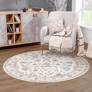 PureCozy Vintage Waschbarer Teppich Rund 120x120cm Runder Blumenmuster Kurzflor rutschfest Weich Bumen Boho Teppiche für Küchen Wohnzimmer Schlafzimmer Esszimmer Bedroom, Multicolore