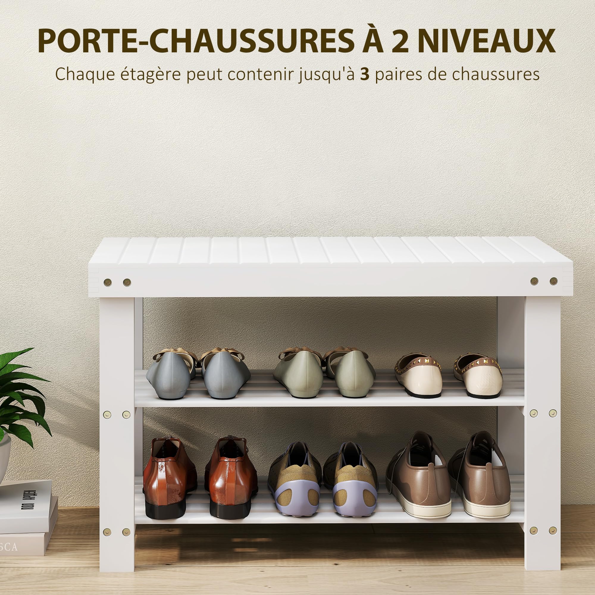 HOMCOM Banc à Chaussures en Bambou Scandinave 70 x 28 x 45 cm Blanc | Étagère à Chaussures à 3 Niveaux, Banc de Rangement pour Entrée, Salon, Chambre, Charge 136 Kg