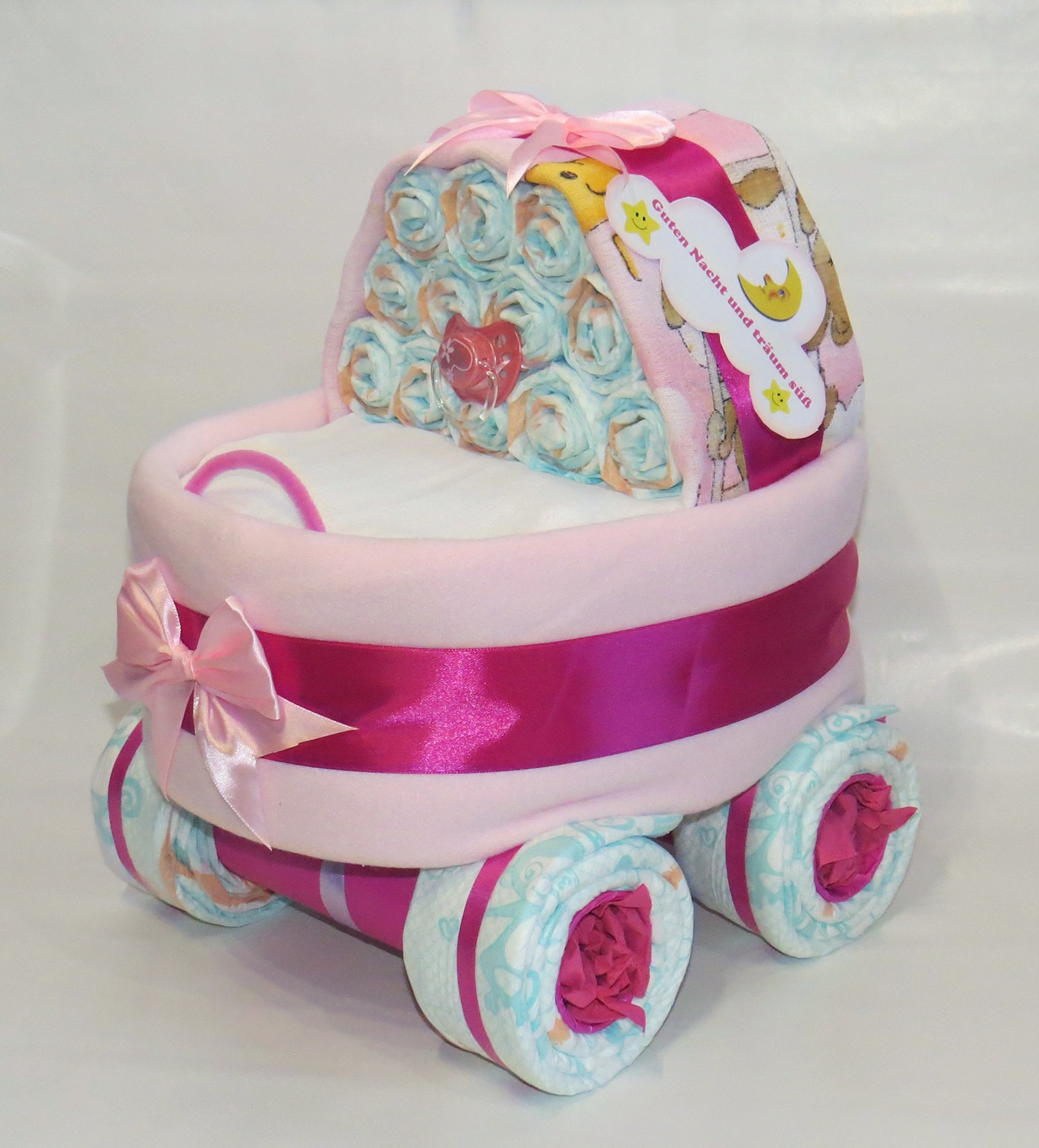 Windeltorte | Großer Windelstubenwagen rosa | Windelgeschenk Mädchen | Windelkinderwagen